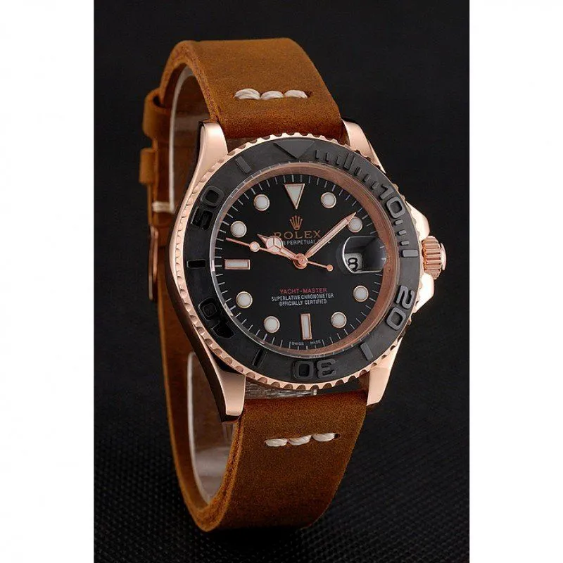 Yacht-Master Black Dial Rose Gold Case Brown Leather Bracelet 1453861