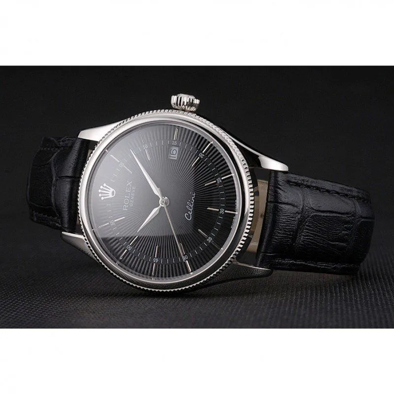 Swiss Cellini Date Black Dial Stainless Steel Case Black Leather Strap