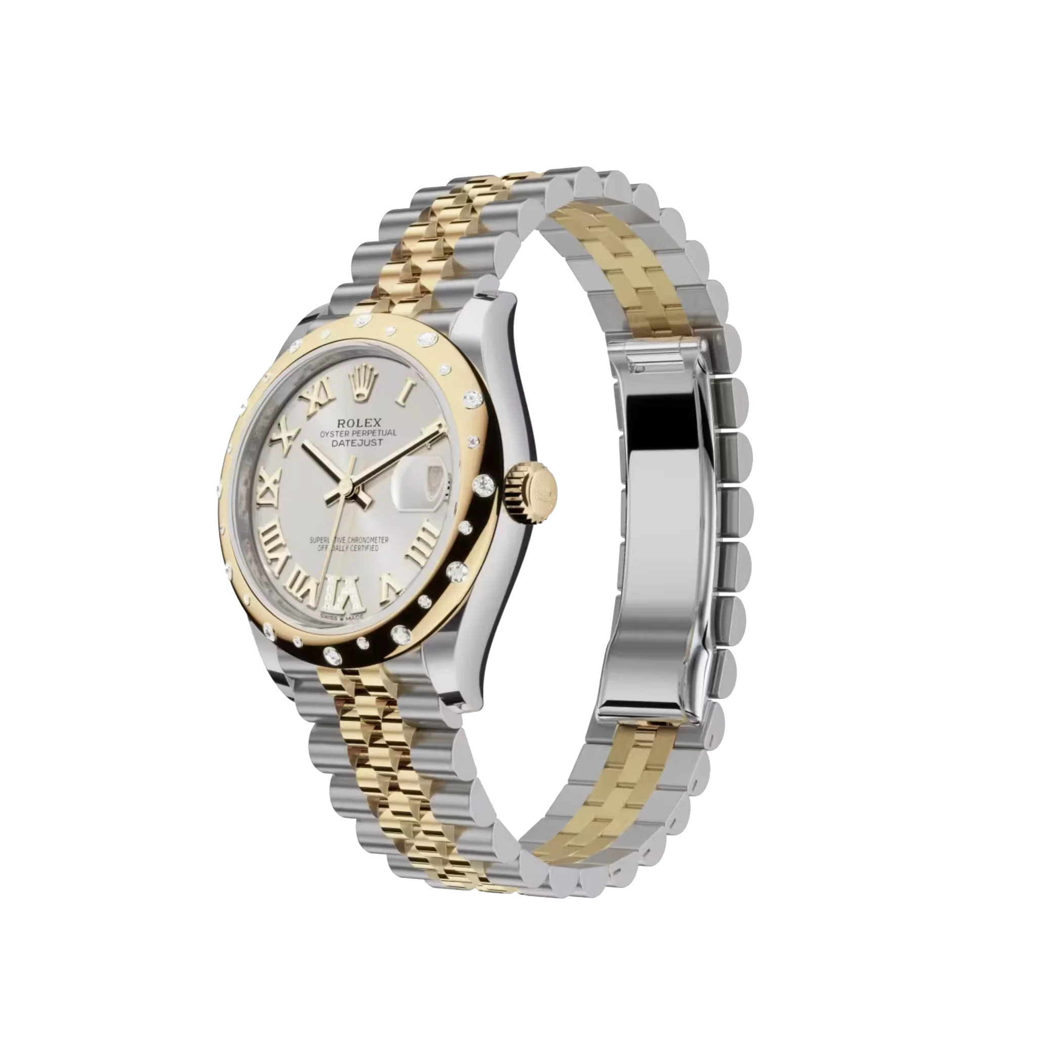 Datejust: Oystersteel and yellow gold, silver, diamond-set dial, Jubilee bracelet, m278343rbr-0004