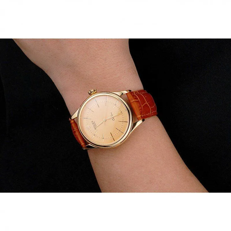 Swiss Cellini Gold Dial And Markings Gold Case Light Brown Leather Strap