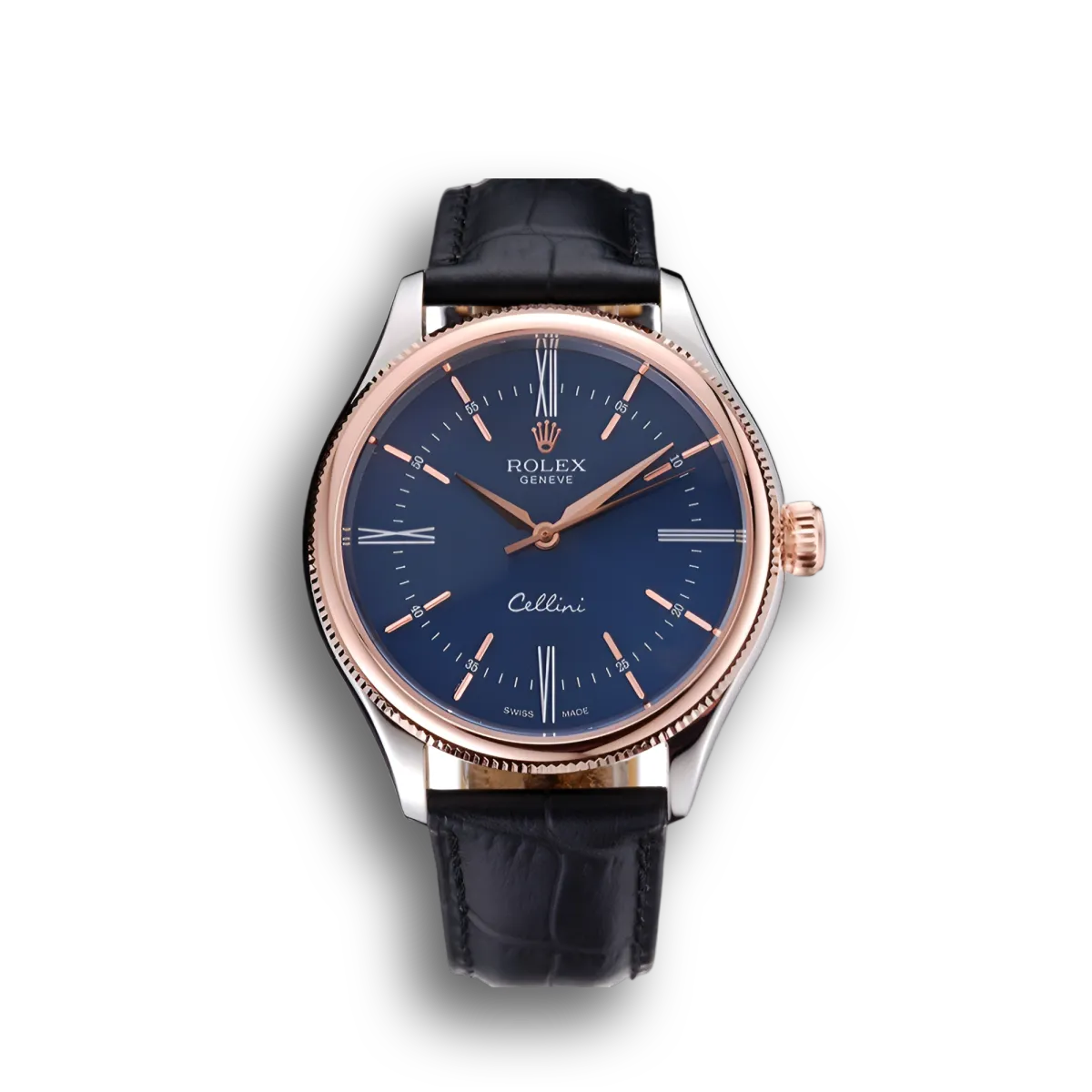 Cellini Blue Dial Gold Bezel Stainless Steel Case Black Leather Strap 622841