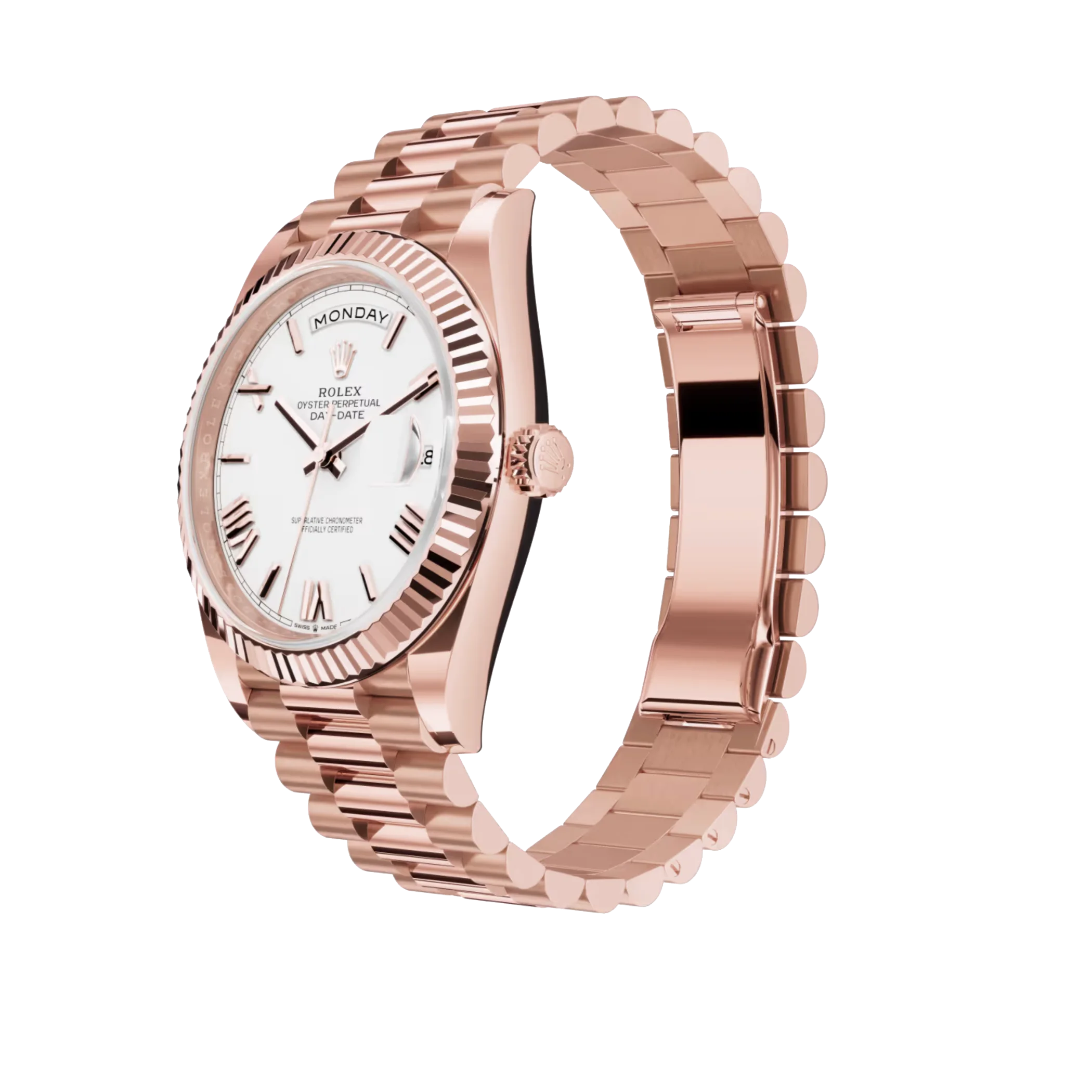 Day-Date: Everose gold, white dial, fluted bezel, President bracelet, m228235-0032