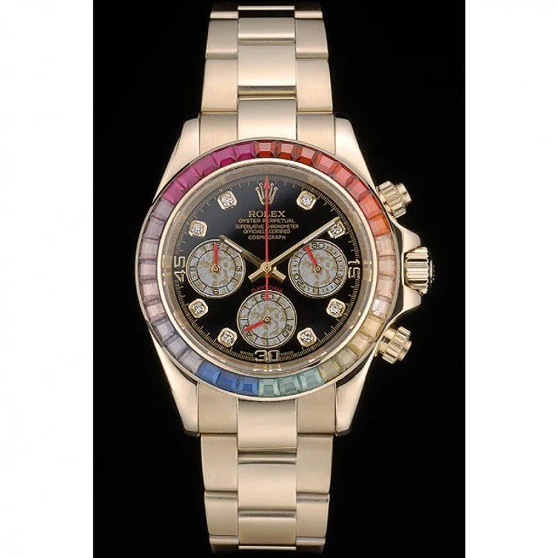 Daytona Cosmograph Rainbow Crystals Bezel Rose Gold Strap Black Dial 80251