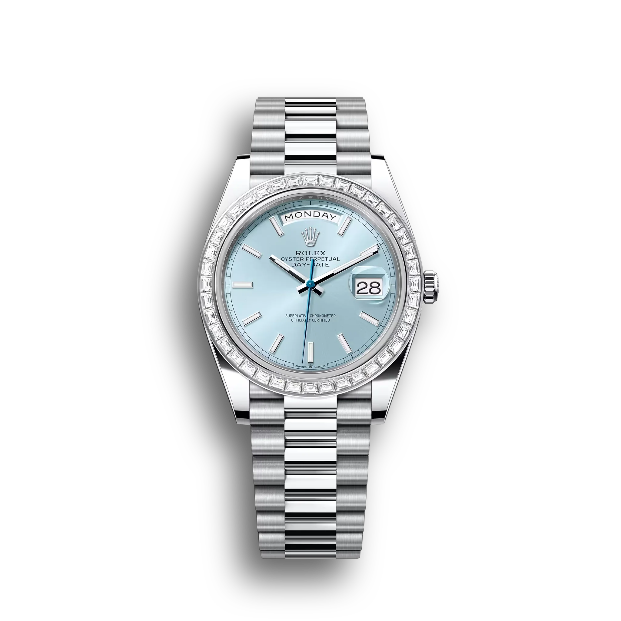 Day-Date: platinum, ice-blue, diamond-set dial, diamond-set bezel and a President bracelet, m228396tbr-0039