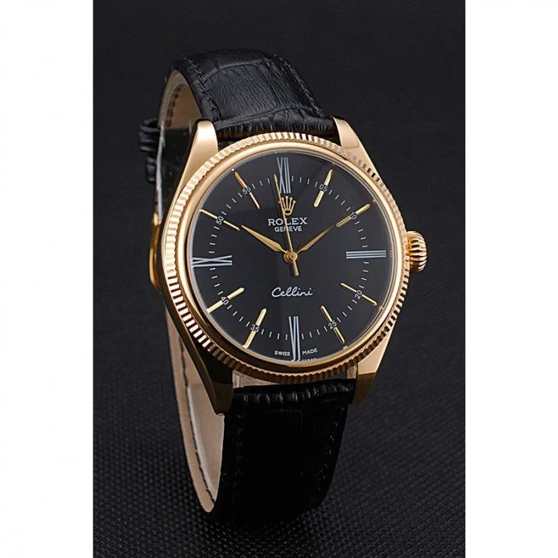 Cellini Black Dial Gold Case Black Leather Strap 622832