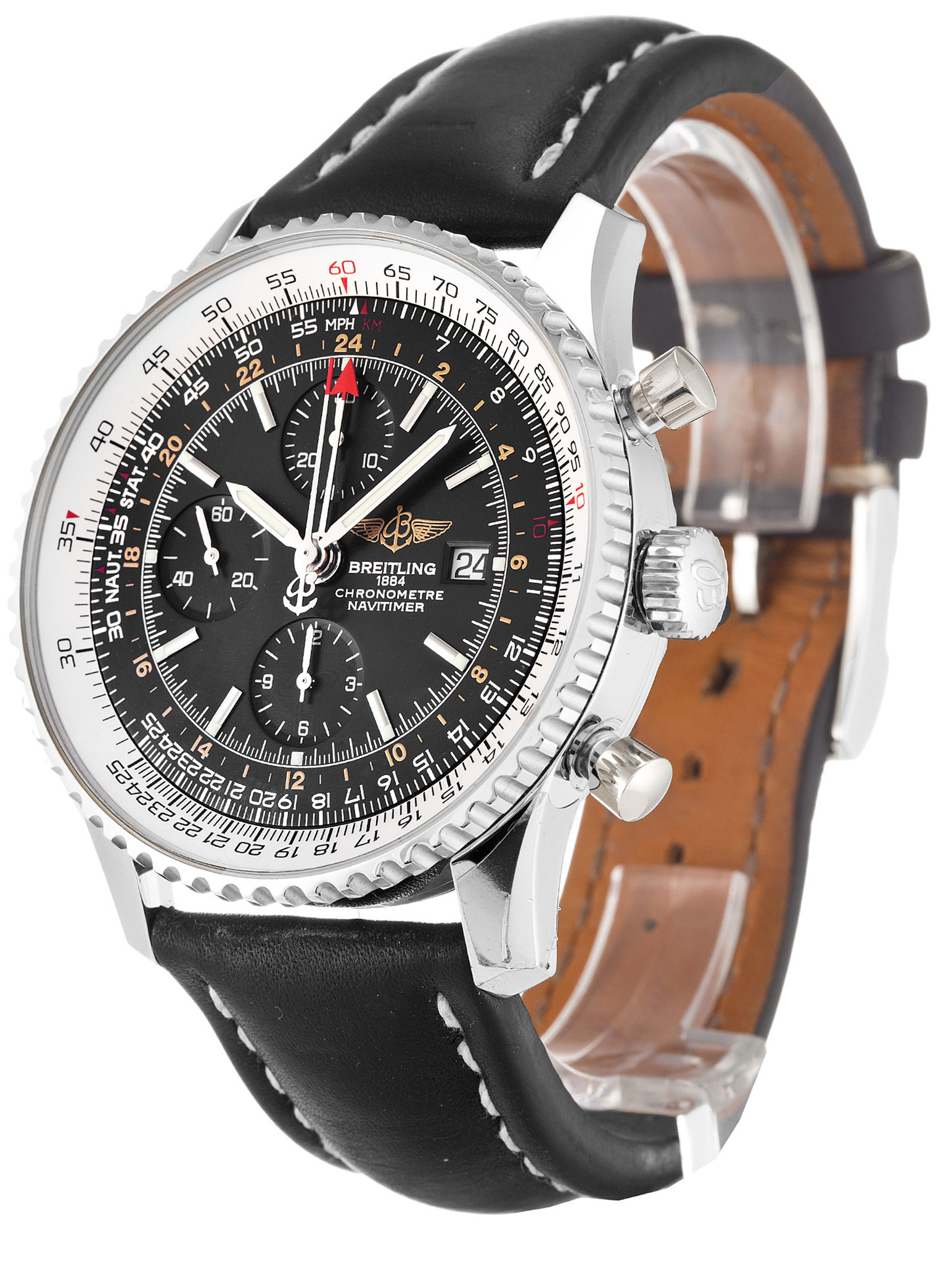 Navitimer World Black Dial Leather Strap A24322