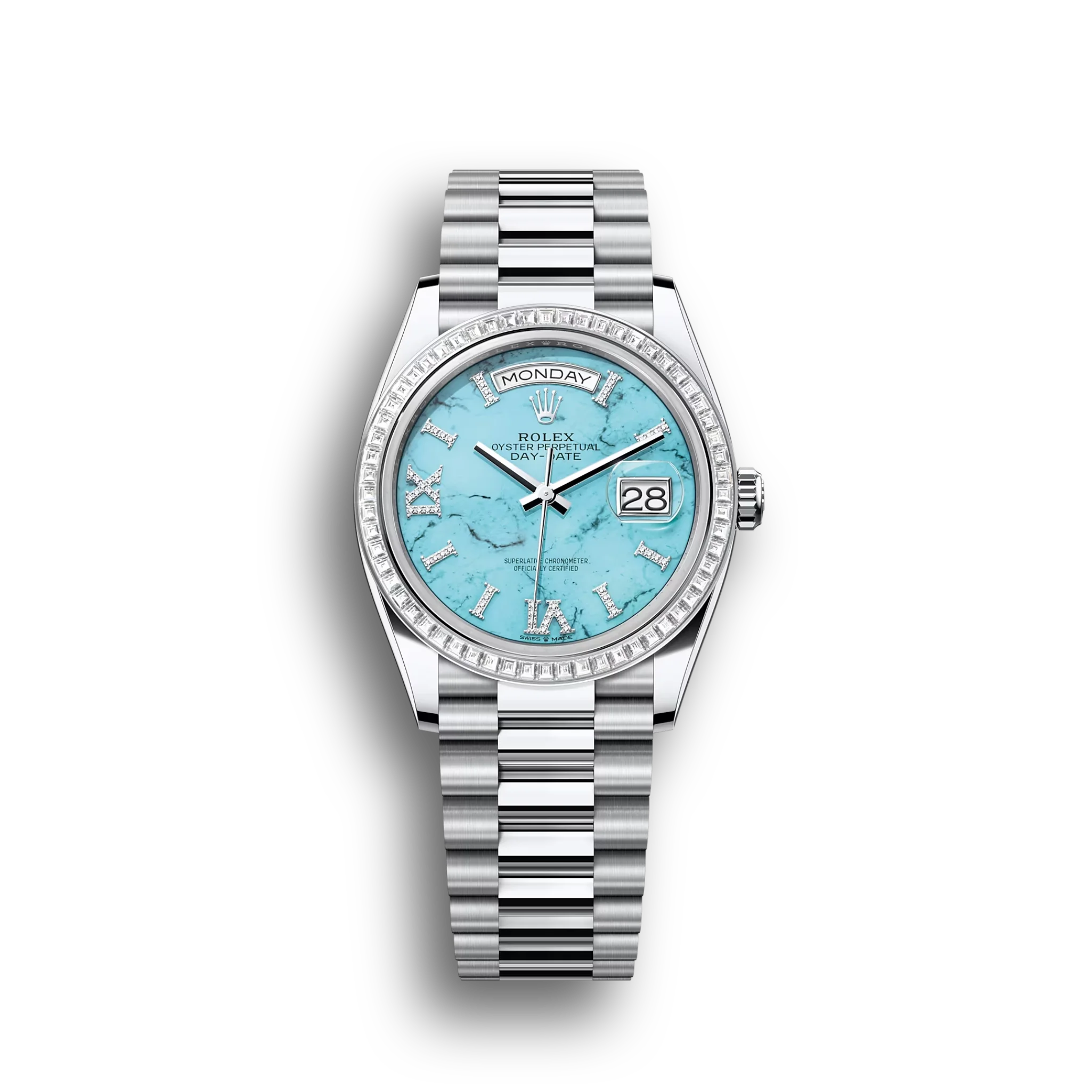 Day-Date: platinum, turquoise, diamond-set dial, diamond-set bezel, President bracelet, m128396tbr-0016