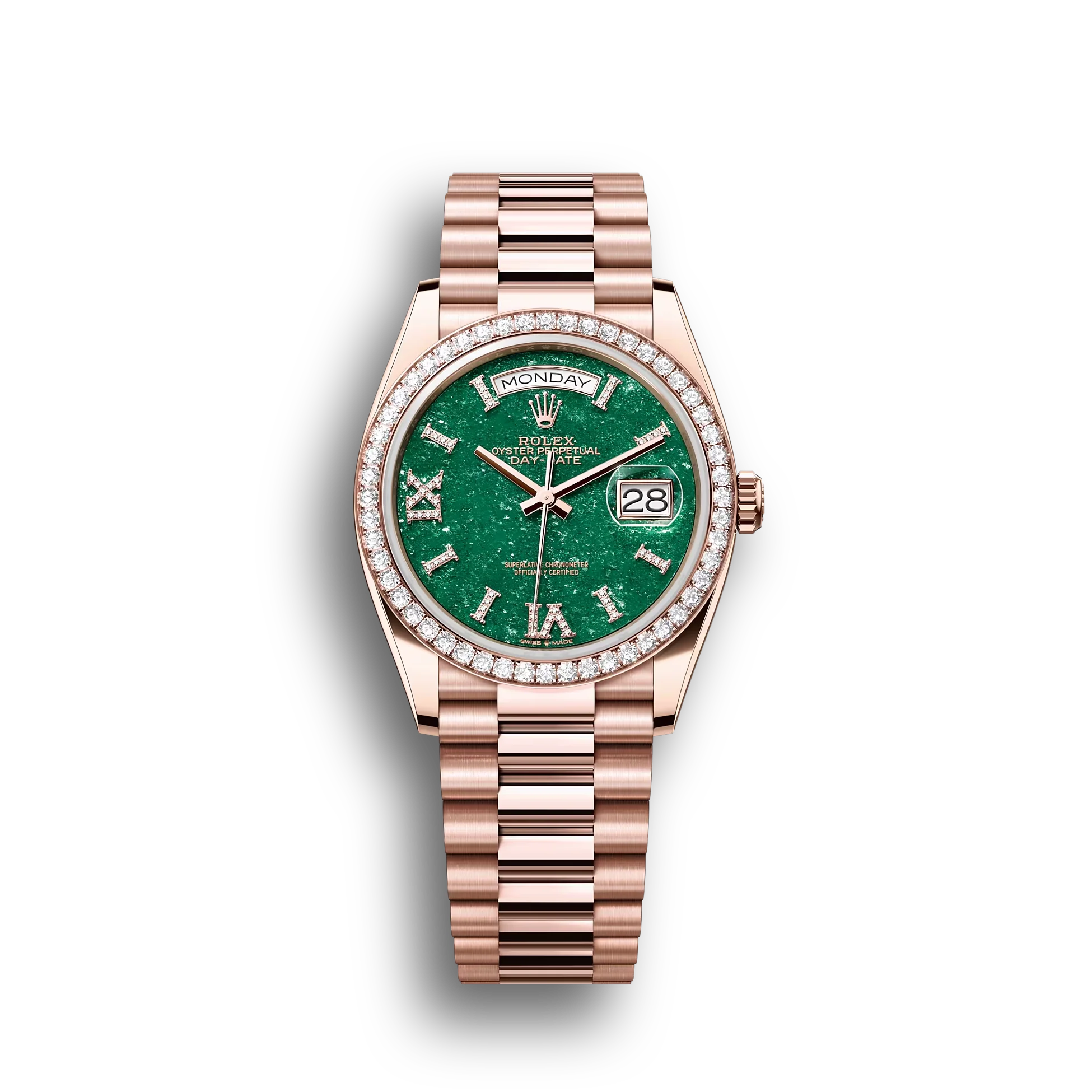 Day-Date: Everose gold, green aventurine, diamond-set dial, diamond-set bezel, President bracelet, m128345rbr-0068