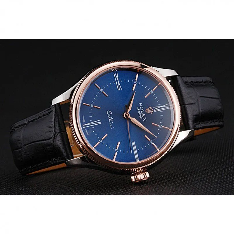 Cellini Blue Dial Gold Bezel Stainless Steel Case Black Leather Strap 622841