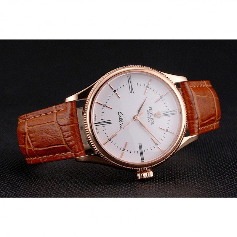 Swiss Cellini White Dial Roman Numerals Rose Gold Case Light Brown Leather Strap