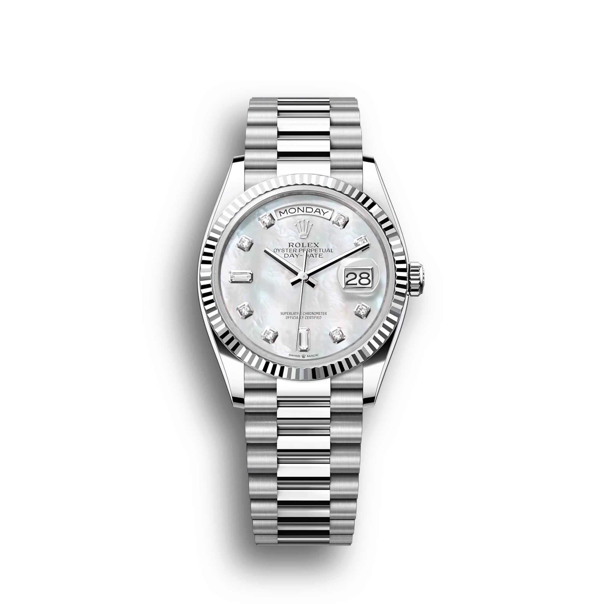 Day-Date: platinum, white mother-of-pearl, diamond-set dial, fluted bezel, President bracelet, m128236-0002
