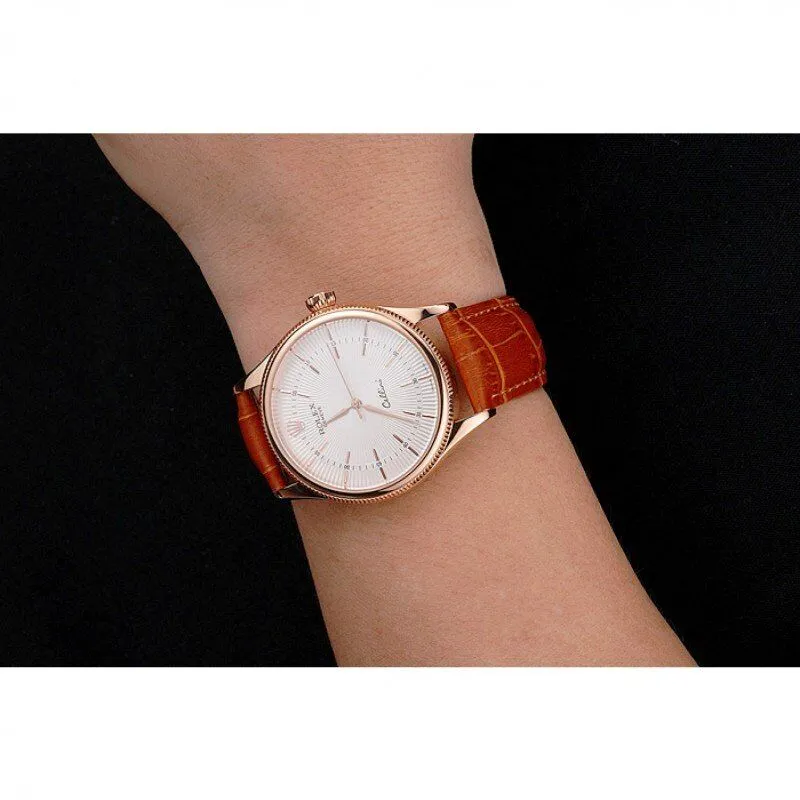 Swiss Cellini White Dial Rose Gold Case Brown Leather Strap