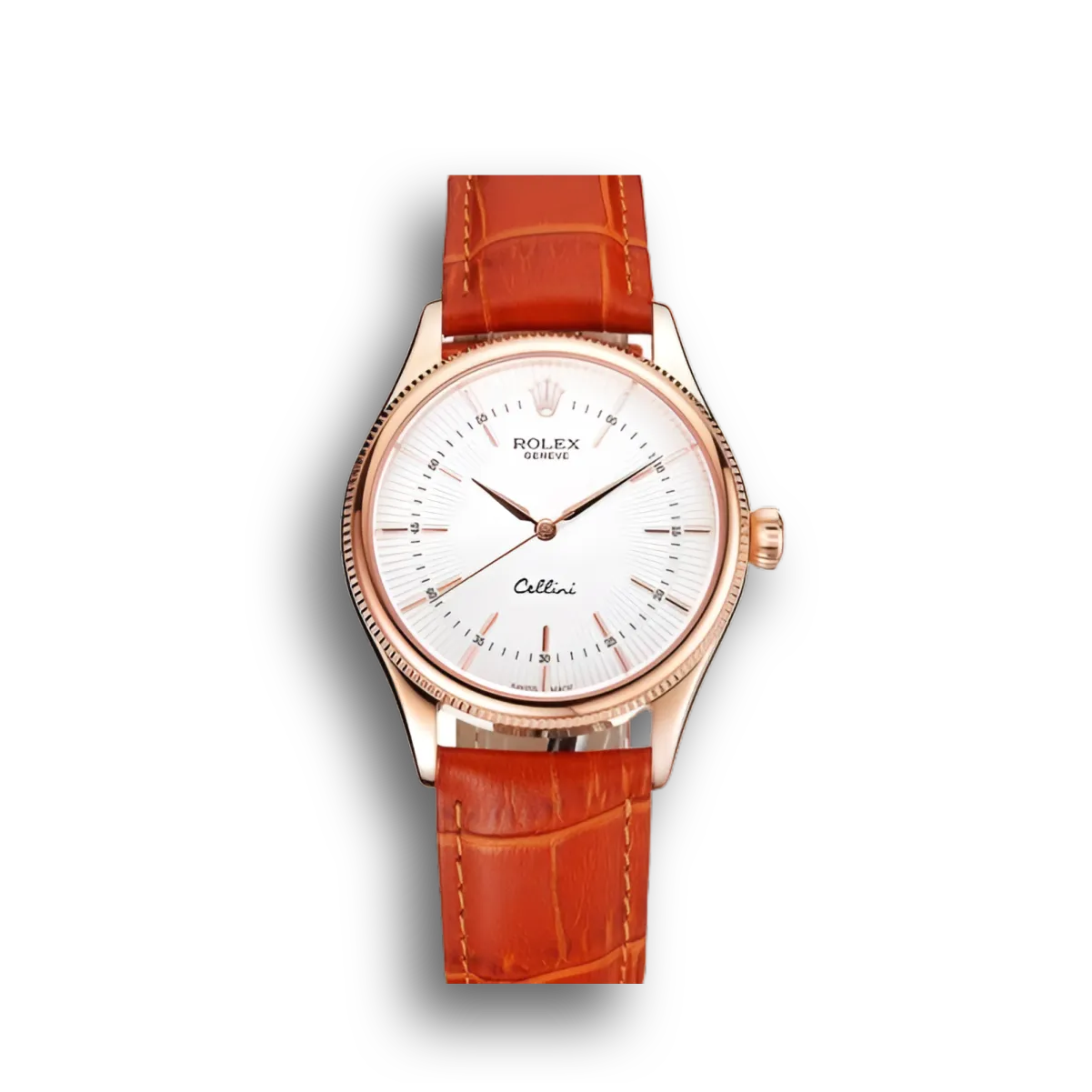 Swiss Cellini White Dial Rose Gold Case Brown Leather Strap
