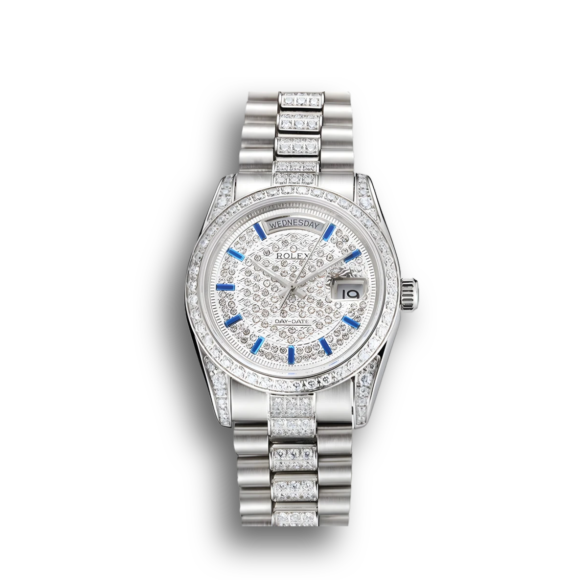Swiss Day-Date Diamond Pave Dial And Bezel And Stainless Steel Bracelet