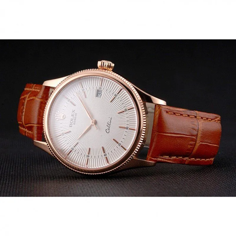 Swiss Cellini Date White Dial Rose Gold Case Brown Leather Strap