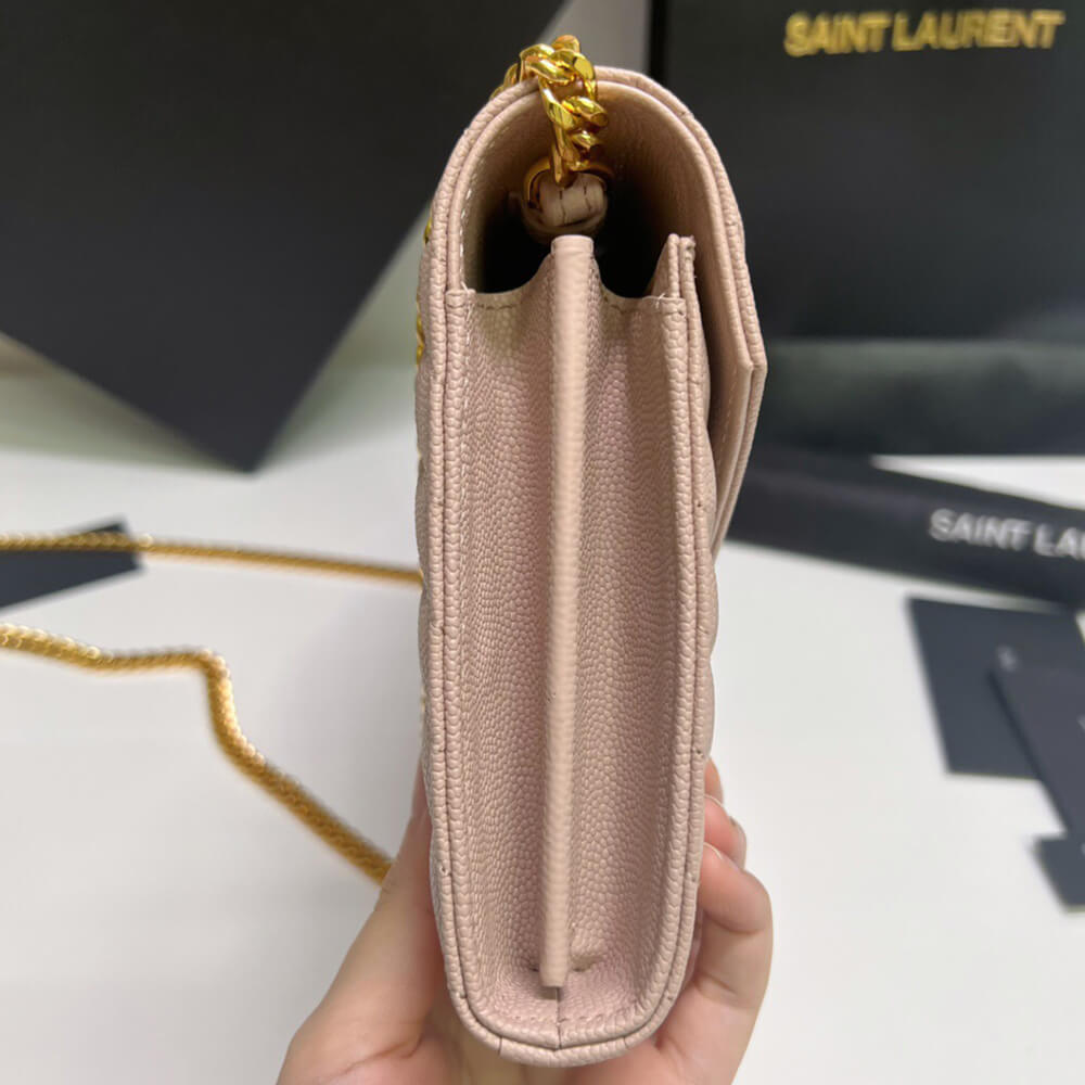 YSL CASSANDRE MATELASSÉ CHAIN WALLET IN GRAIN DE POUDRE EMBOSSED LEATHER
