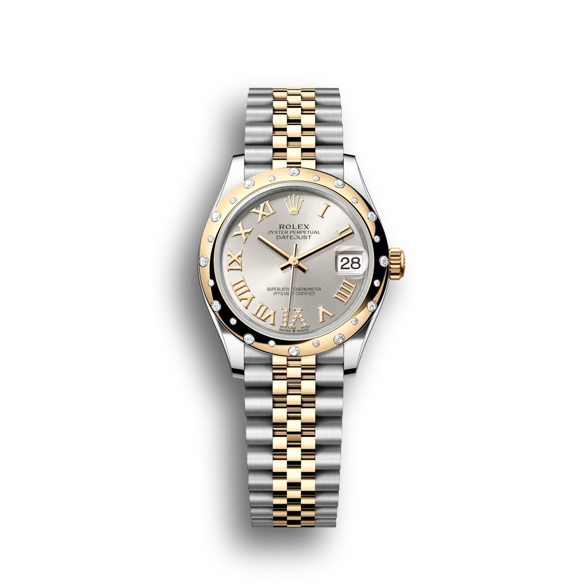 Datejust: Oystersteel and yellow gold, silver, diamond-set dial, Jubilee bracelet, m278343rbr-0004