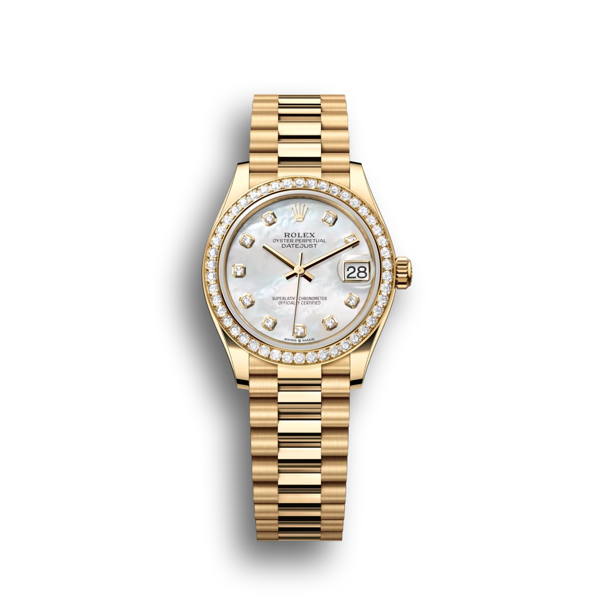 Datejust: Yellow gold, white mother-of-pearl, diamond-set dial, President bracelet, m278288rbr-0006