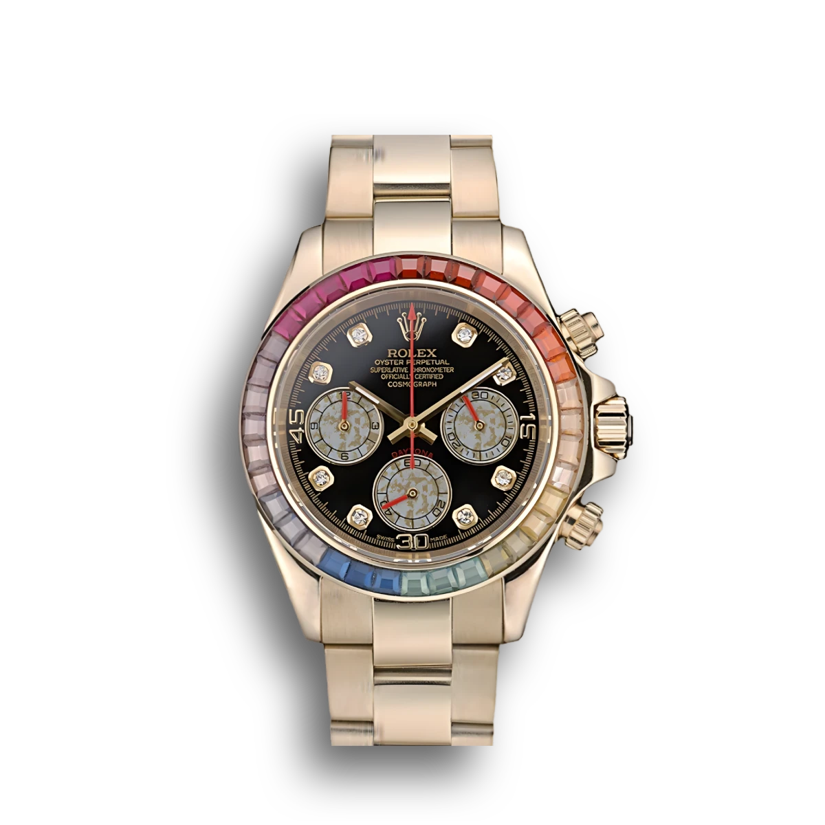 Daytona Cosmograph Rainbow Crystals Bezel Rose Gold Strap Black Dial 80251