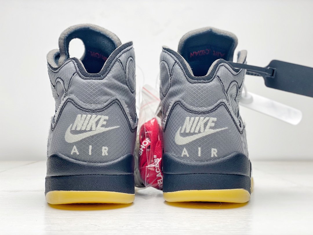 OFF-WHITE™ X AIR JORDAN RETRO 5″BLACK/MUSLIN-FIRE RED”