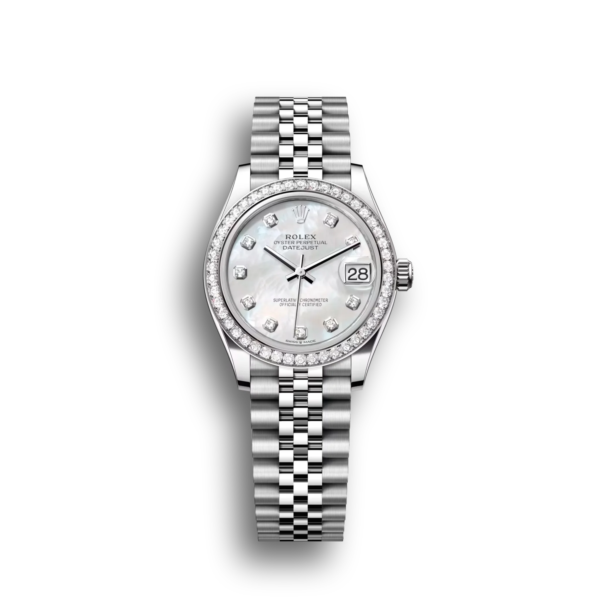 Datejust: Oystersteel and white gold, white mother-of-pearl, diamond-set dial, Jubilee bracelet, m278384rbr-0008
