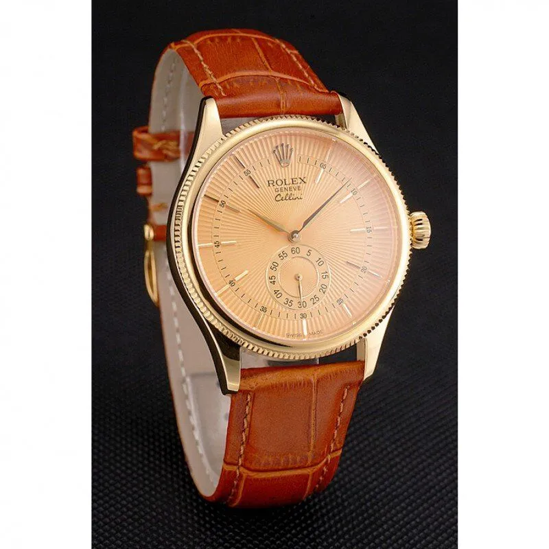 Swiss Cellini Gold Dial Gold Case Light Brown Leather Strap