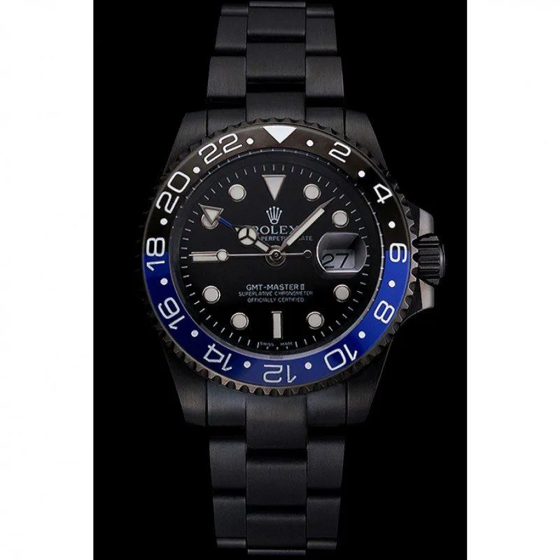 Swiss GMT Master II Black Dial Blue And Black Bezel Black PVD Case And Bracelet PR18239