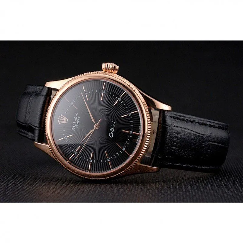 Swiss Cellini Black Dial Rose Gold Markings Rose Gold Case Black Leather Strap