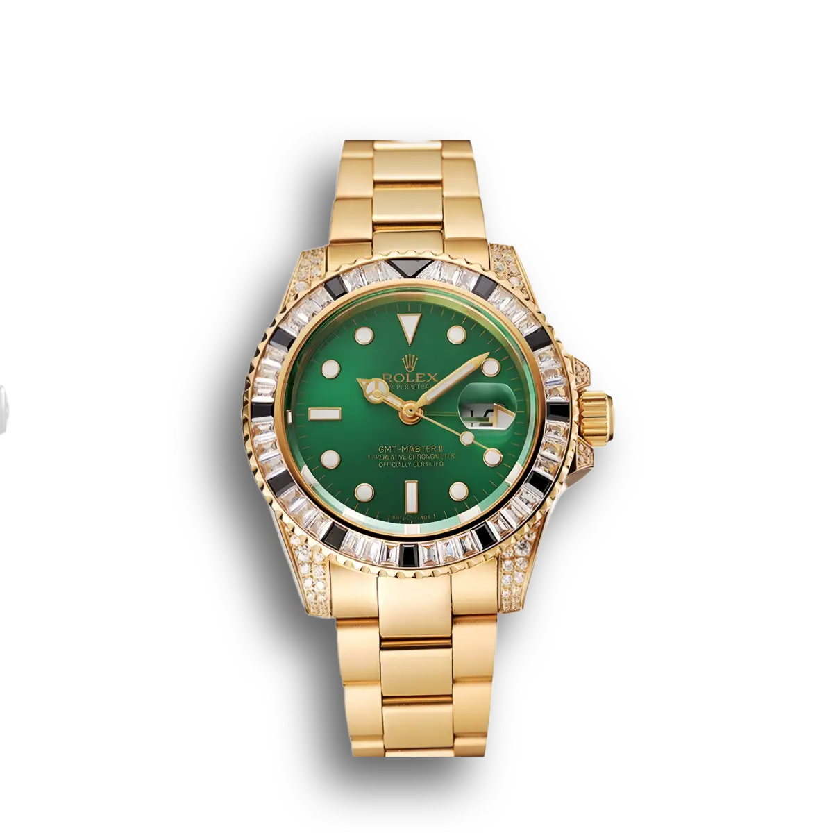 Swiss GMT Master II Green Dial Stone Set Bezel Gold Case And Bracelet 1453748