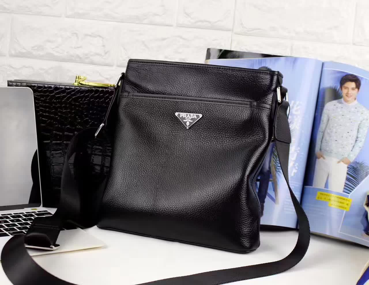 Prada 0242-3B Leather Men Messenger Bag Black