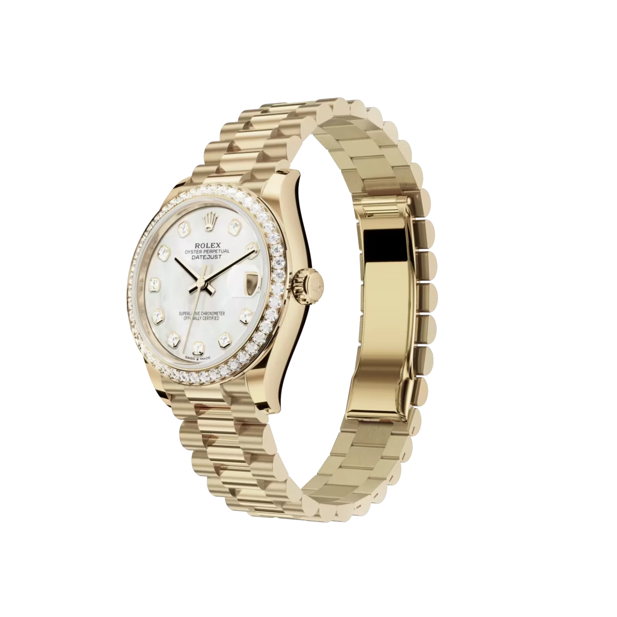 Datejust: Yellow gold, white mother-of-pearl, diamond-set dial, President bracelet, m278288rbr-0006