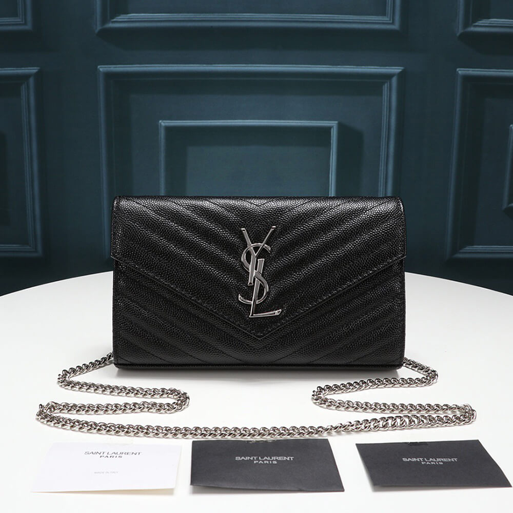 YSL Saint Laurent Chain-strap YSL-plaque grained-leather wallet