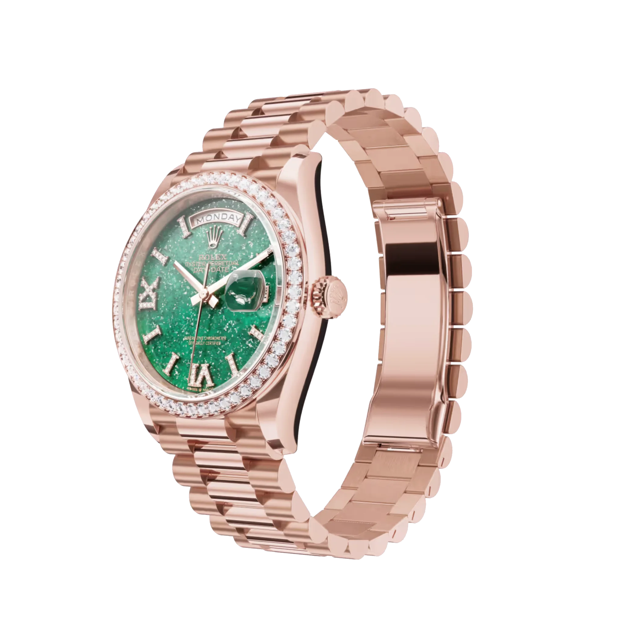 Day-Date: Everose gold, green aventurine, diamond-set dial, diamond-set bezel, President bracelet, m128345rbr-0068