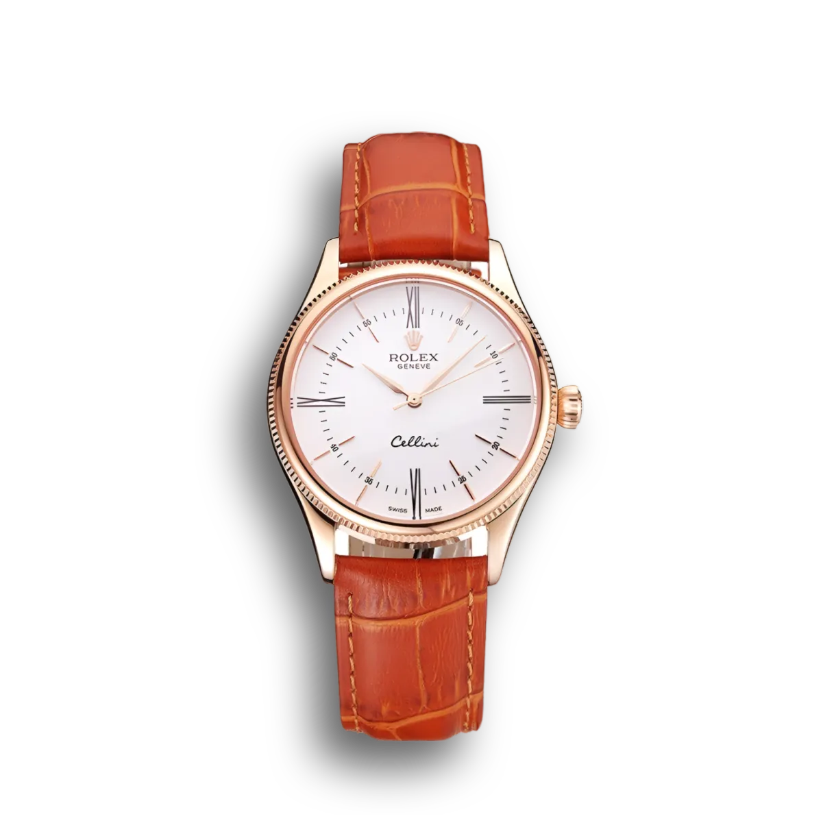 Swiss Cellini Date White Dial Rose Gold Case Brown Leather Strap