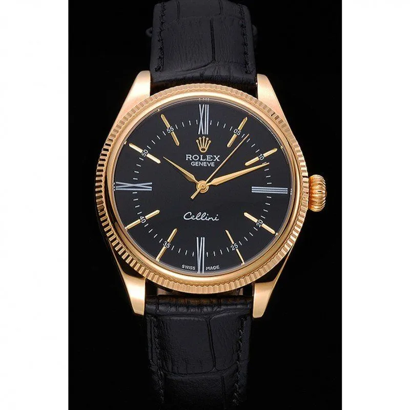 Cellini Black Dial Gold Case Black Leather Strap 622832