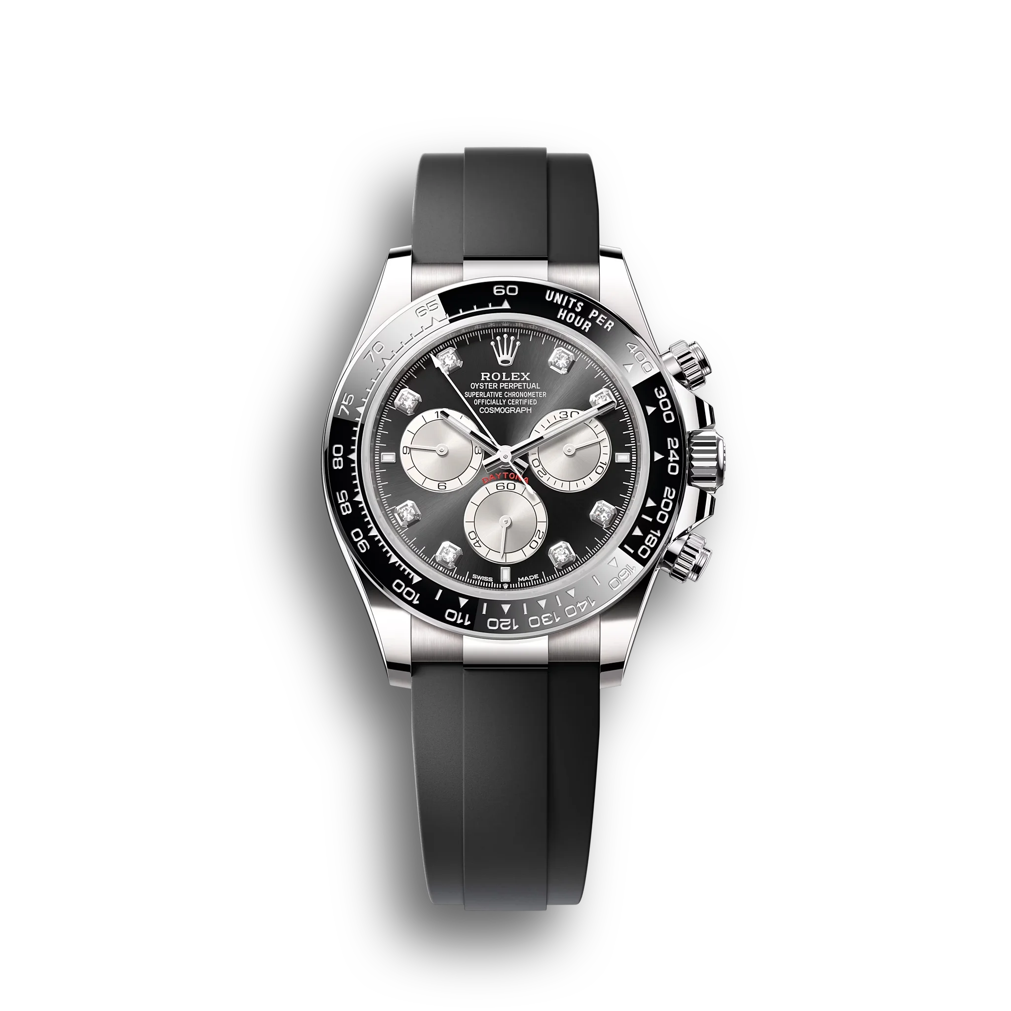 Daytona Cosmograph: Oyster, White gold, bright black and steel, diamond-set dial, m126519ln-0004