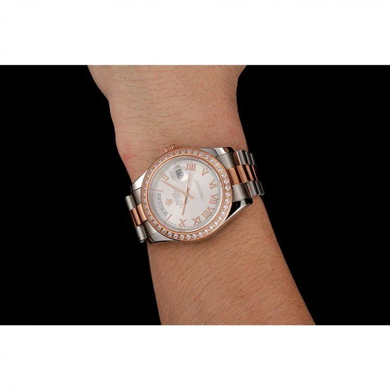 Swiss Day-Date Diamonds Bezel White Dial Rose Gold And Staineless Steel Bracelet 1454108