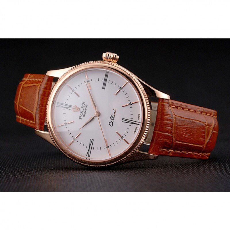 Swiss Cellini White Dial Roman Numerals Rose Gold Case Light Brown Leather Strap