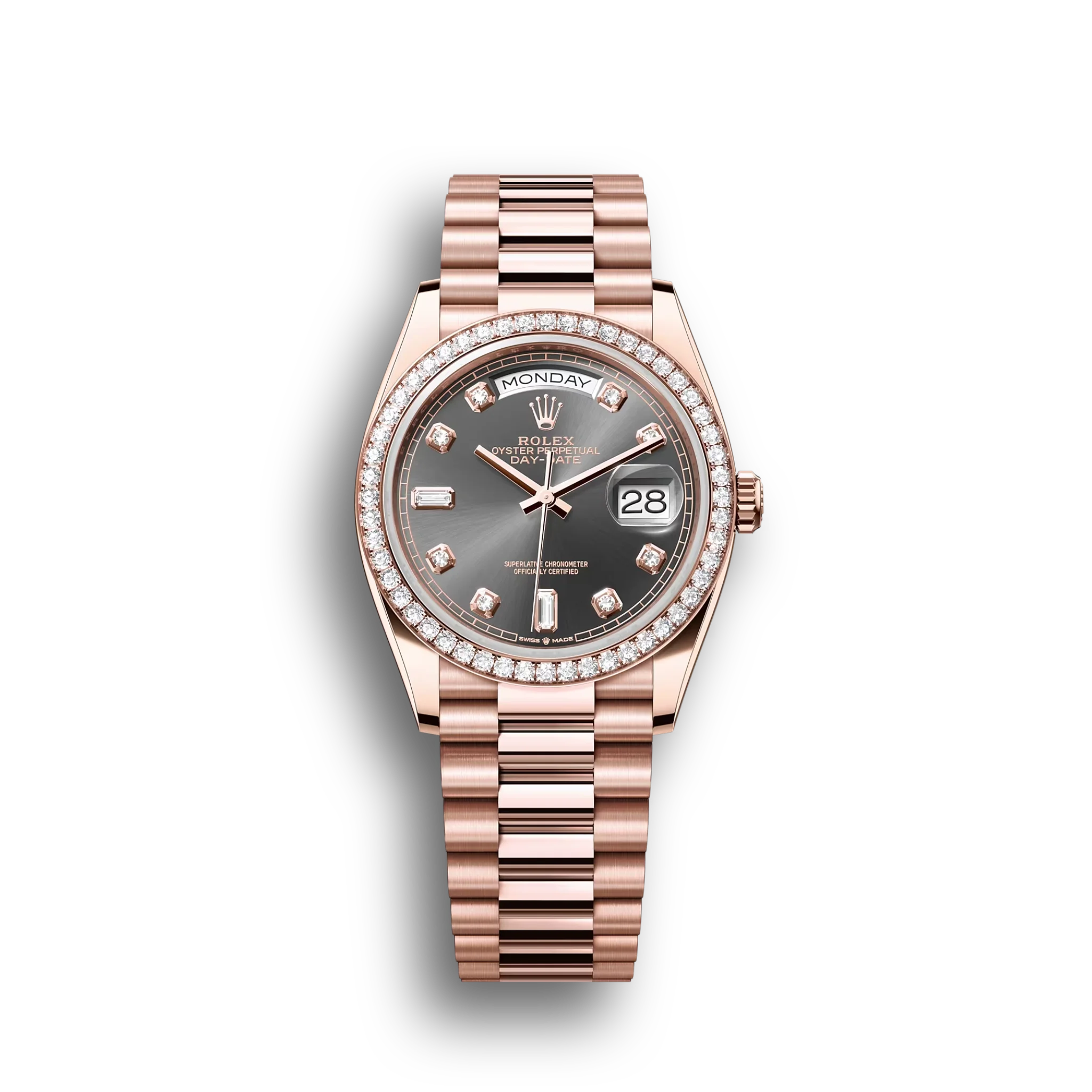 Day-Date: Everose gold, slate, diamond-set dial, diamond-set bezel, President bracelet, m128345rbr-0052