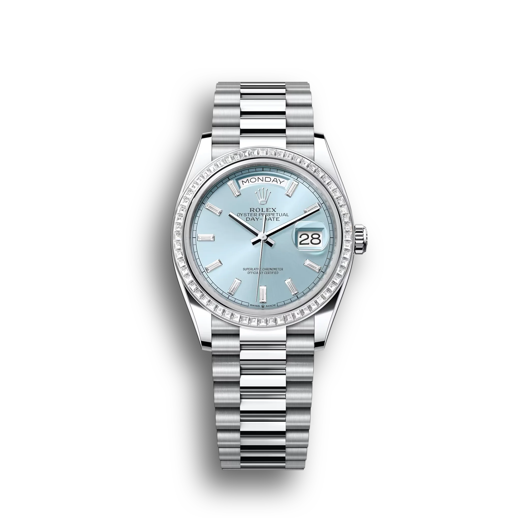 Day-Date: platinum, ice-blue, diamond-set dial, diamond-set bezel and a President bracelet, m128396tbr-0003