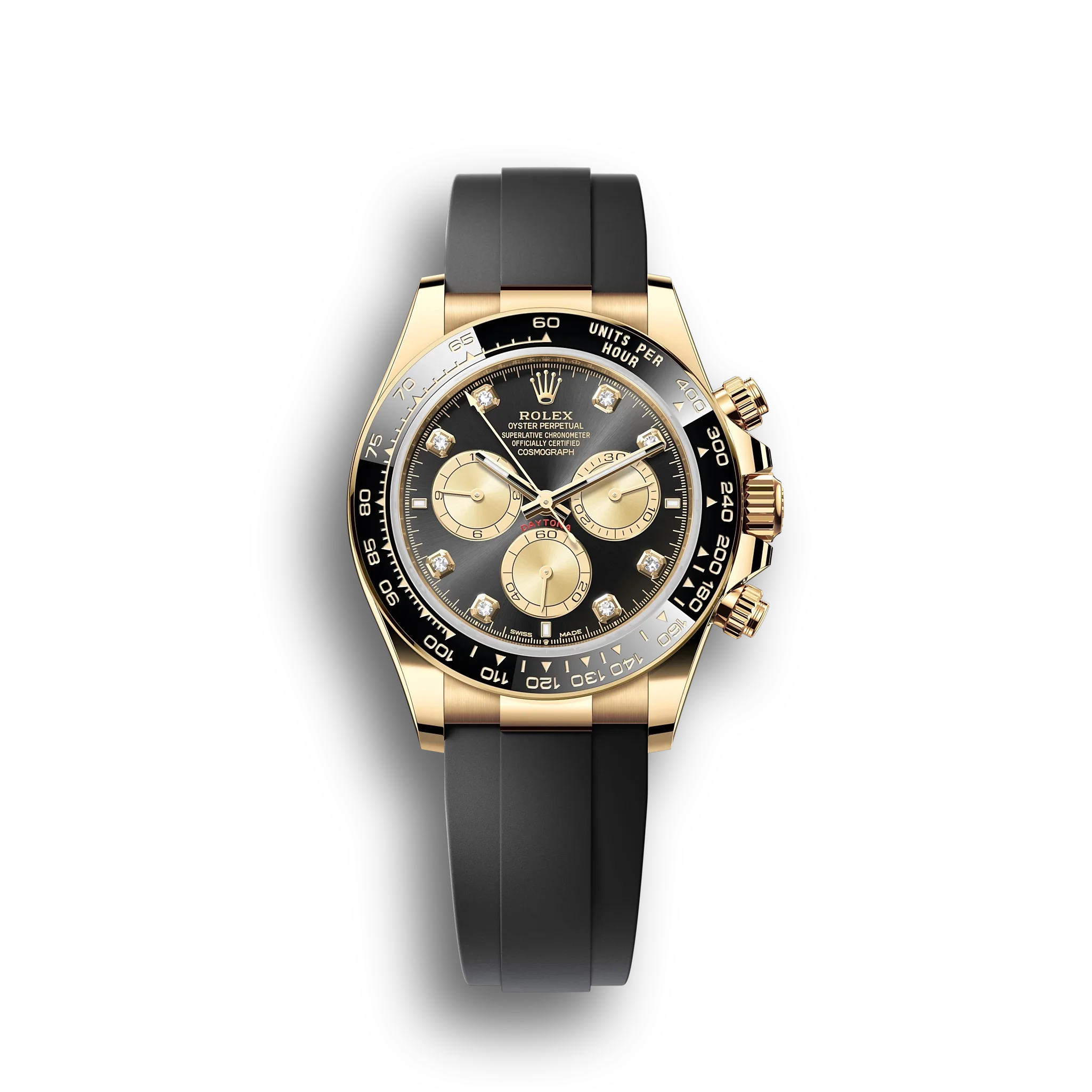 Daytona Cosmograph: Oyster, Yellow gold, bright black and golden, diamond-set dial, Oysterflex bracelet, black Cerachrom bezel, tachymetric scale, m126518ln-0006