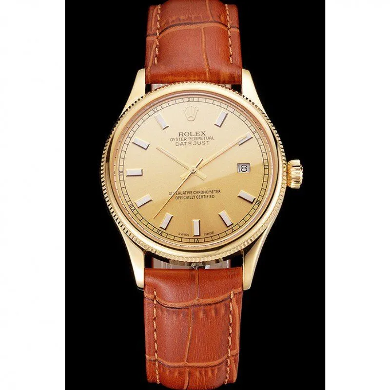 Datejust Gold Dial Gold Case Light Brown Leather Strap
