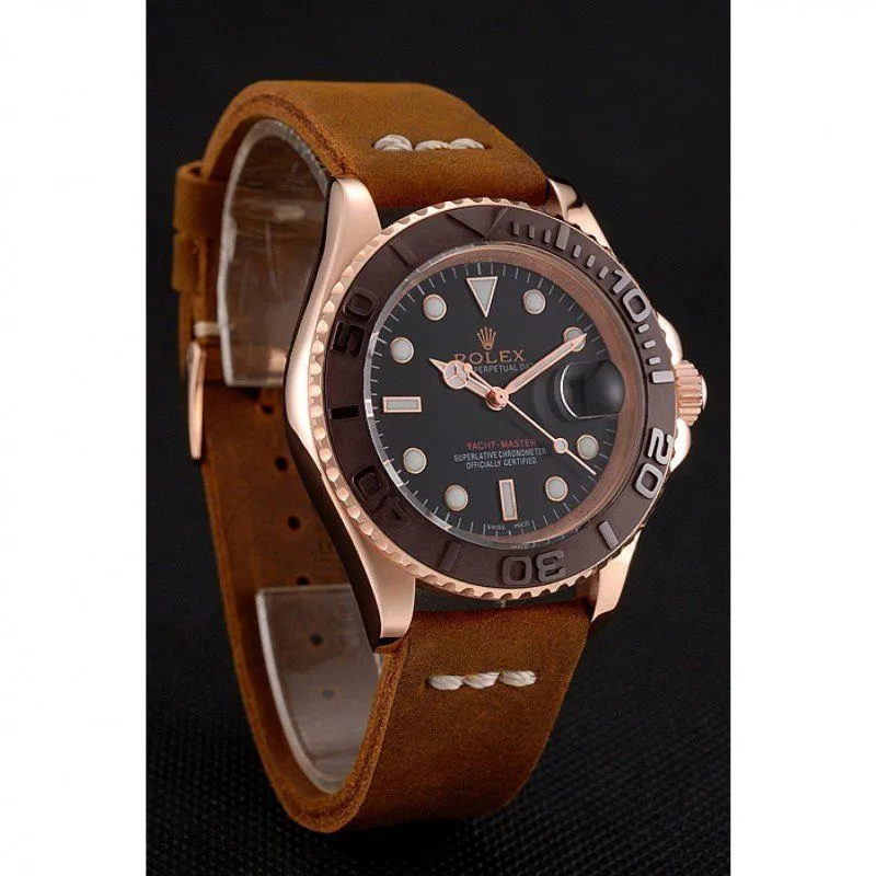 Yacht-Master Black Dial Brown Bezel Rose Gold Case Brown Leather Bracelet 1453860