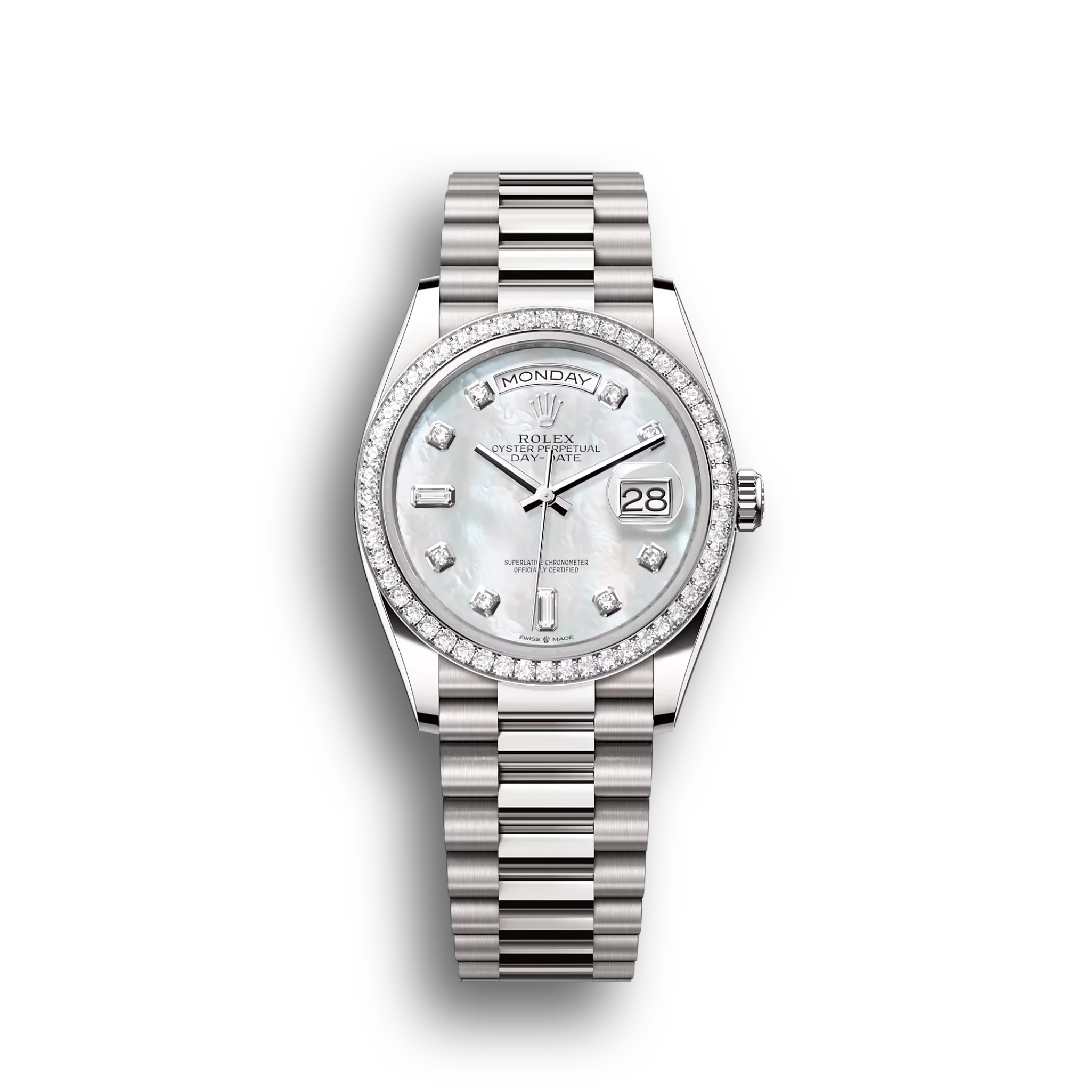 Day-Date: white gold, mother-of-pearl, diamond-set dial, diamond-set bezel, President bracelet, m128349rbr-0004