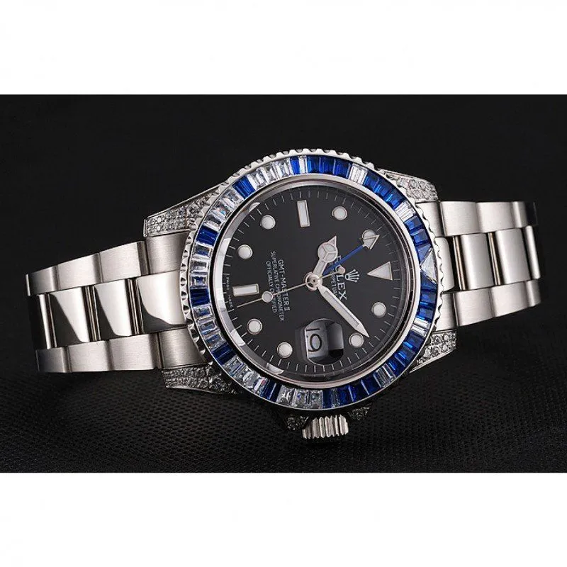 Swiss GMT Master II Black Dial Stone Set Bezel Stainless Steel Case And Bracelet 1453747