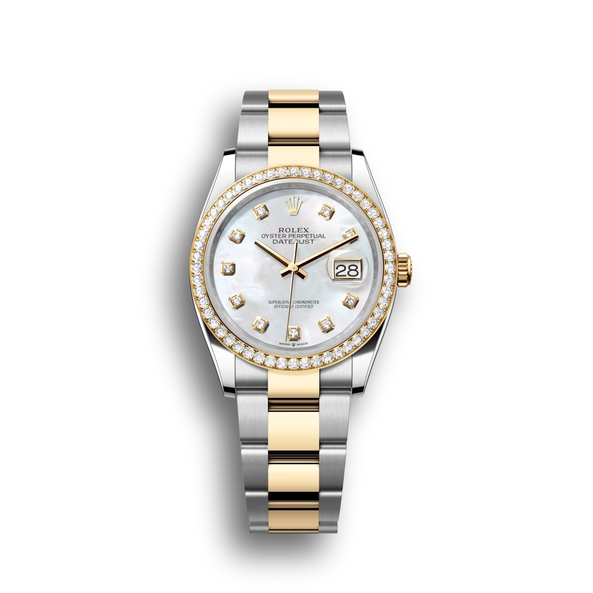 Datejust: Oystersteel and yellow gold, white mother-of-pearl, diamond-set dial, Oyster bracelet, m126283rbr-0010