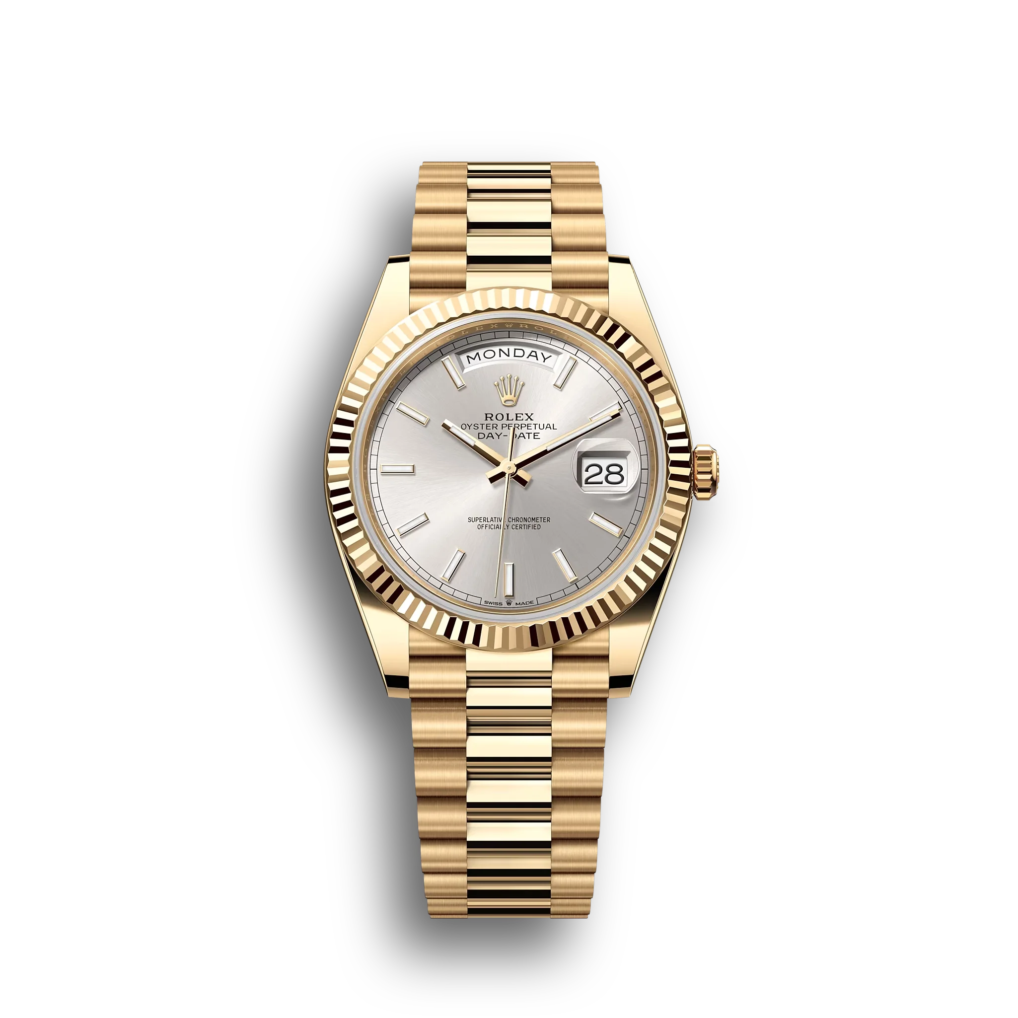 Day-Date: Yellow gold, silver dial, fluted bezel, President bracelet, m228238-0066