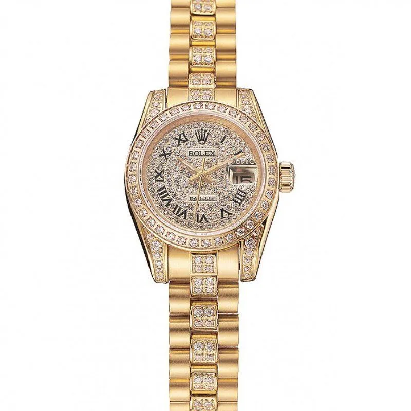 Swiss DayJust Diamond Pave Dial Gold Diamond Bracelet 1453955