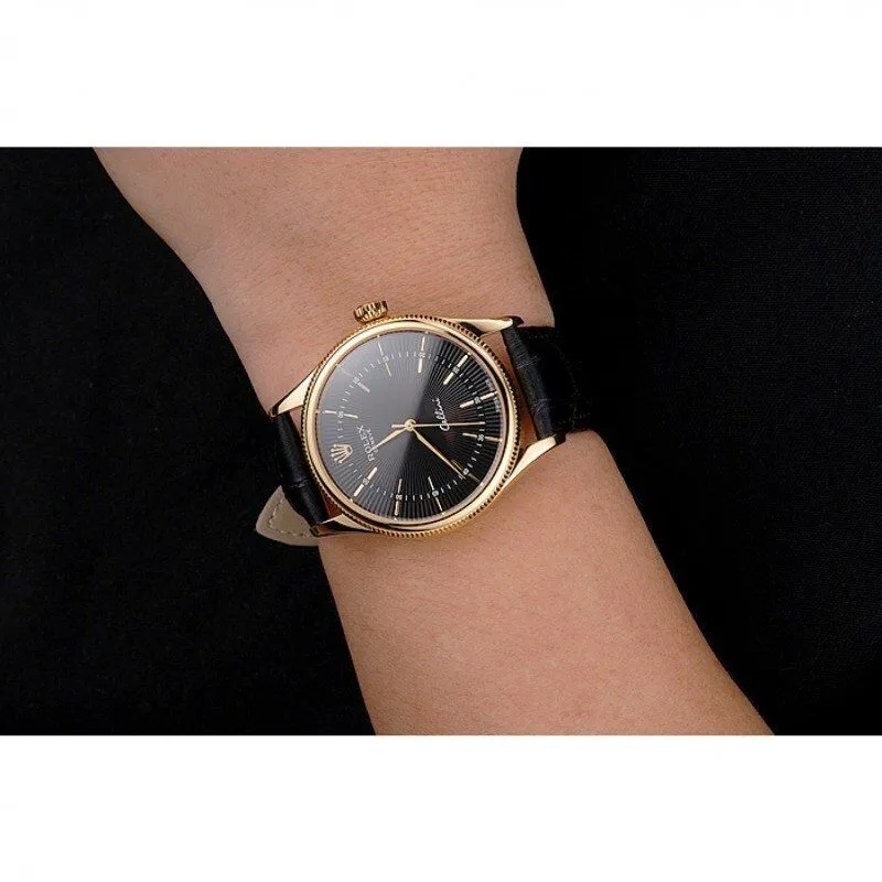 Swiss Cellini Black Dial Gold Markings Gold Case Black Leather Strap