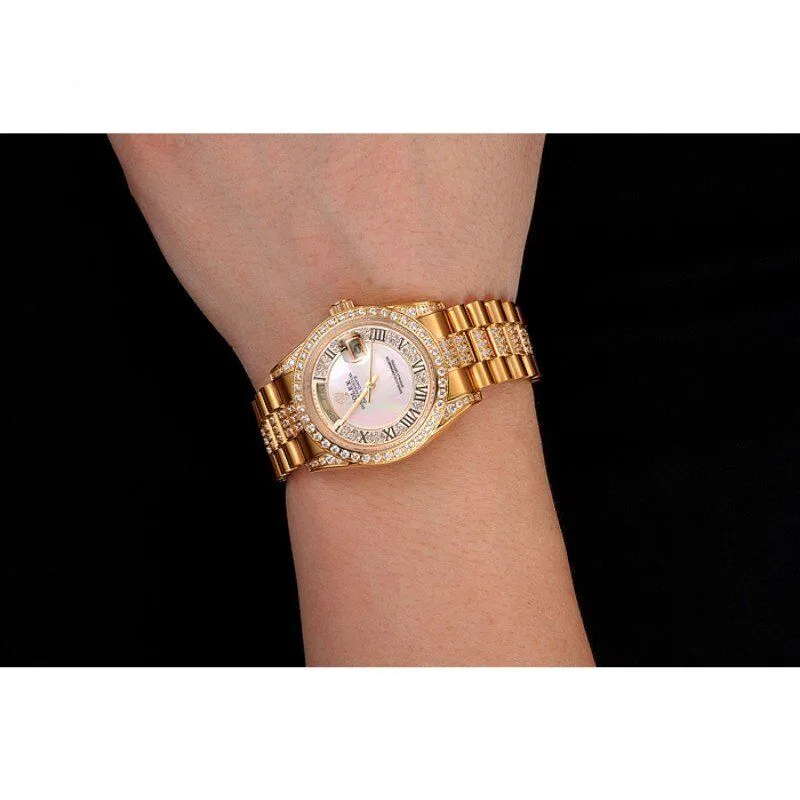 Swiss Day-Date Diamond Pave White Dial Gold Diamond Bracelet 1453958
